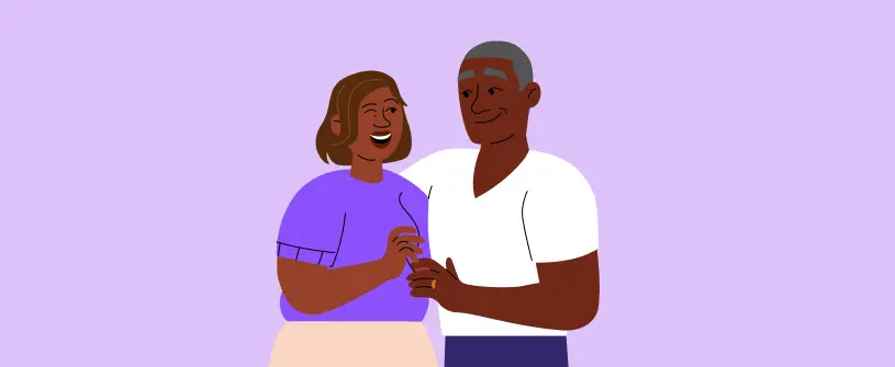 Illustration of a happy couple holding each other and smiling